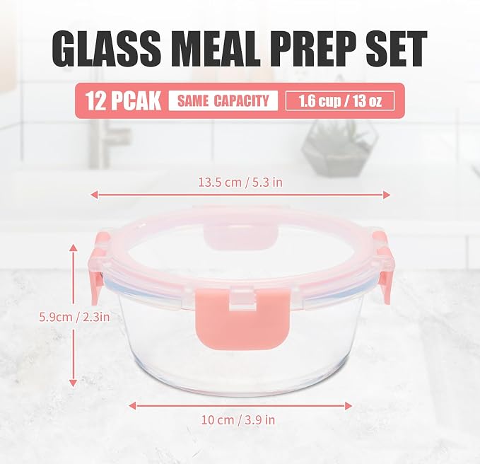 GULFLIN 12pack, 13oz Small Glass Food Storage Containers with Lids, Pink | Round Glass Containers Perfect Size for Meals and Leftovers. Particularly for Single Servings, Easy to Clean, Dishwasher Safe