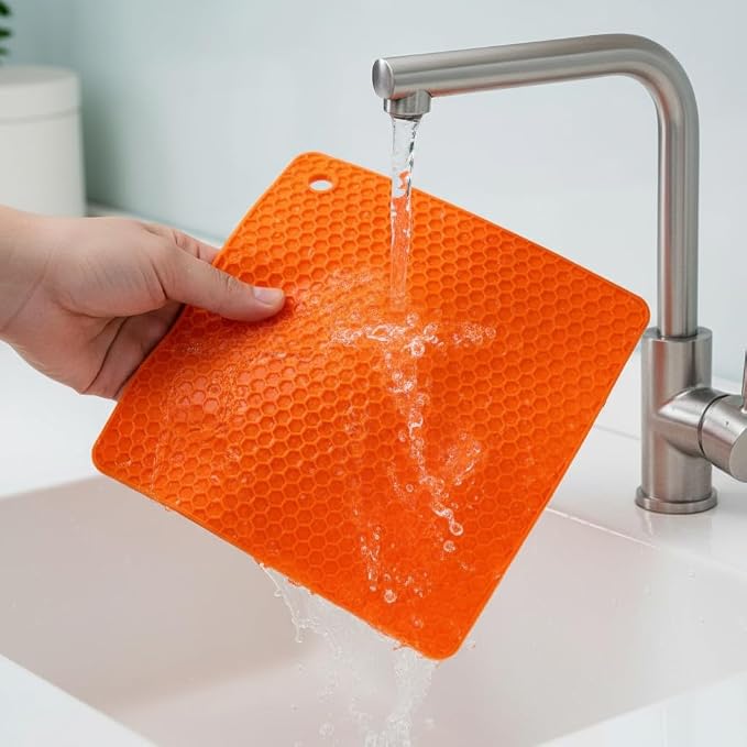 6-Pack Silicone Trivet Mats, Heat Resistant Hot Pads, Dishwasher Safe Kitchen Mats, BPA-Free Pot Holders for Table, Countertop, Stove, Honeycomb Design (Orange, 7” Square/Round)