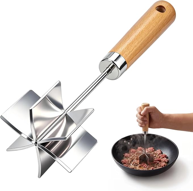 Stainless Steel Meat Chopper, 6 Curve Blades Beef Masher with Wooden Handle | 11 Inch Potato fruits Masher and tenderizes meat Hamburger Smasher, Mix and Chop Kitchen Tool for Taco Meat