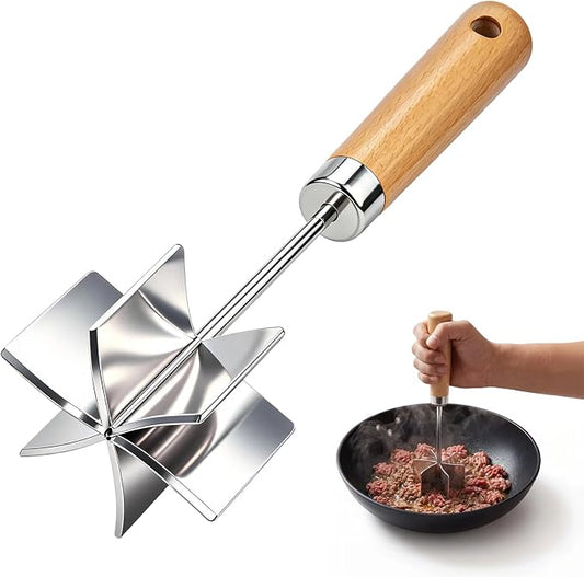 Stainless Steel Meat Chopper, 6 Curve Blades Beef Masher with Wooden Handle | 11 Inch Potato fruits Masher and tenderizes meat Hamburger Smasher, Mix and Chop Kitchen Tool for Taco Meat