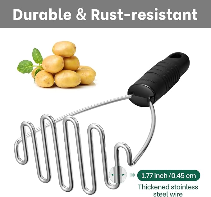 Beneno Thickened Reinforced Stainless Steel Wire Potato Masher, Ergonomic Non-Slip Grip Handle for Effortless Mashing, Rust-Proof & Dishwasher Safe Sturdy Kitchen Tool, Ideal Gift, Black