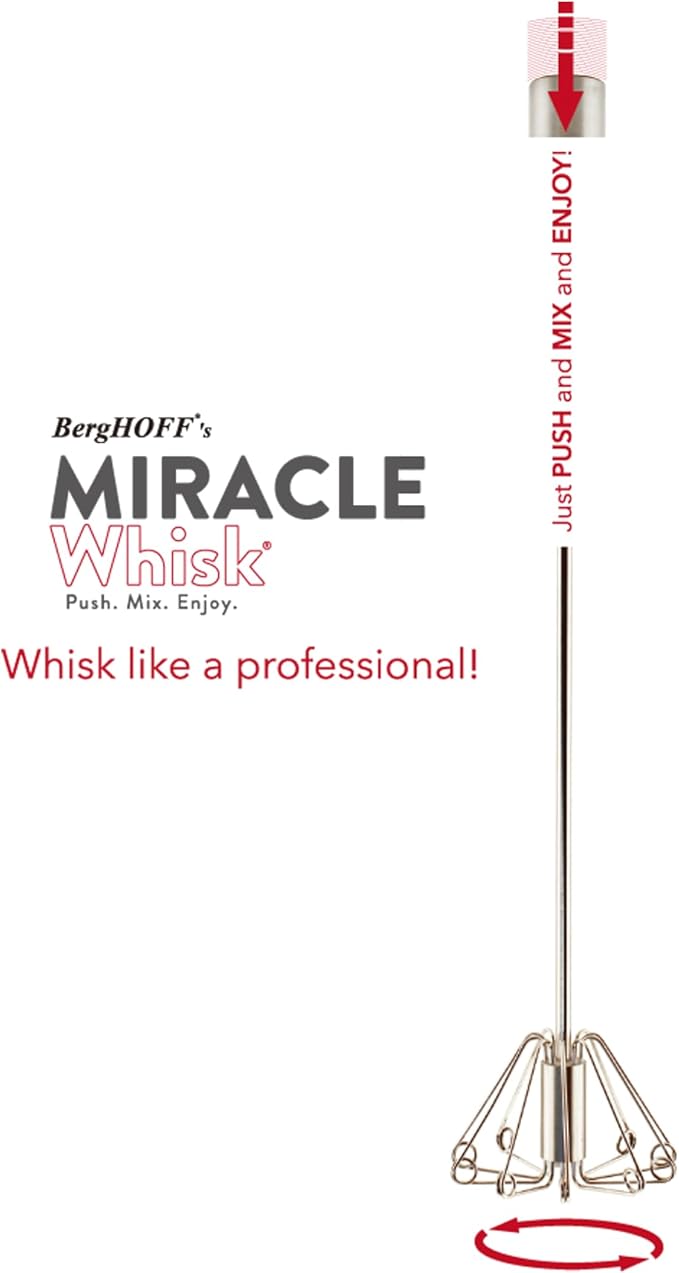 BergHOFF Essentials Stainless Steel 14" Miracle Whisk, Rotate Balloon Head, Soft-touch Handle, Beating Eggs, Dough, Mixing, Stirring, Black
