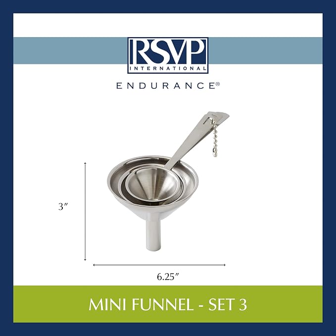 RSVP International Endurance Collection Kitchen Spice Jar/Oil Bottle Funnel, Stainless Steel and Dishwasher Safe, Mini Set, Various Sizes