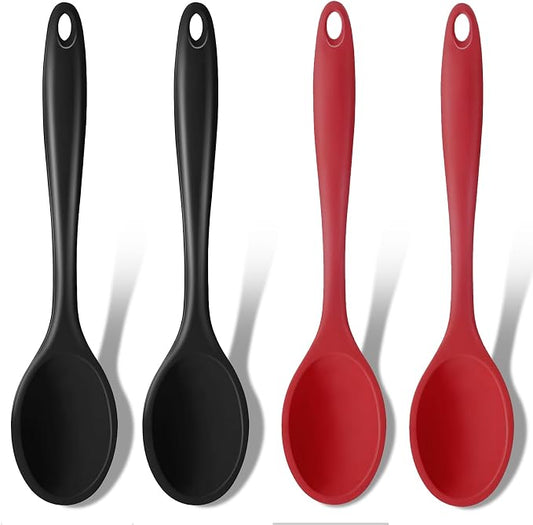 GEEKHOM Silicone Cooking Spoons, 4 Pieces 8” Heat Resistant Silicone Kitchen Utensils Set Serving Stirring Spoons for Non Stick Cooking, Mixing, Basting, Baking, Black+Red