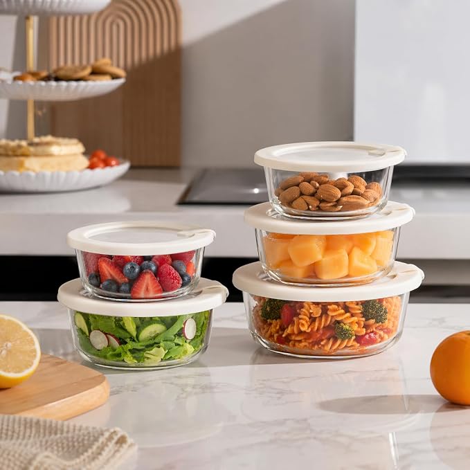 Glass Food Storage Containers with Glass Lids, Microwave Safe Food Container Set, Aitight Meal Prep Container Set, LeakProof, 100% Plastic Free, 5 Pack