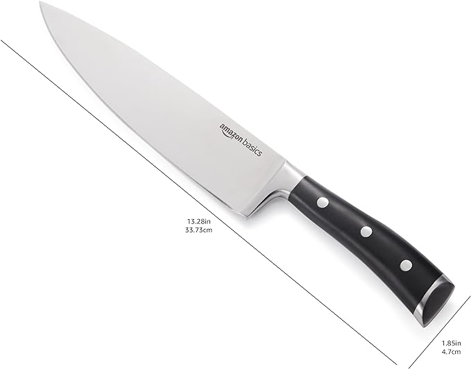 Amazon Basics Classic 8-inch Full Tang High Carbon Stainless Steel Chef's Knife, Multipurpose Kitchen Knife with Three Rivets, Silver (Pack of 12)