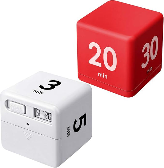 Weewooday 2 Pieces Cube Productivity Timer Flip Gravity Sensor Flip Countdown Countup Workout Timer Management 1 3 5 10 Minutes and 15 20 30 60 Minutes for Back to School Work Kitchen(White, Red)