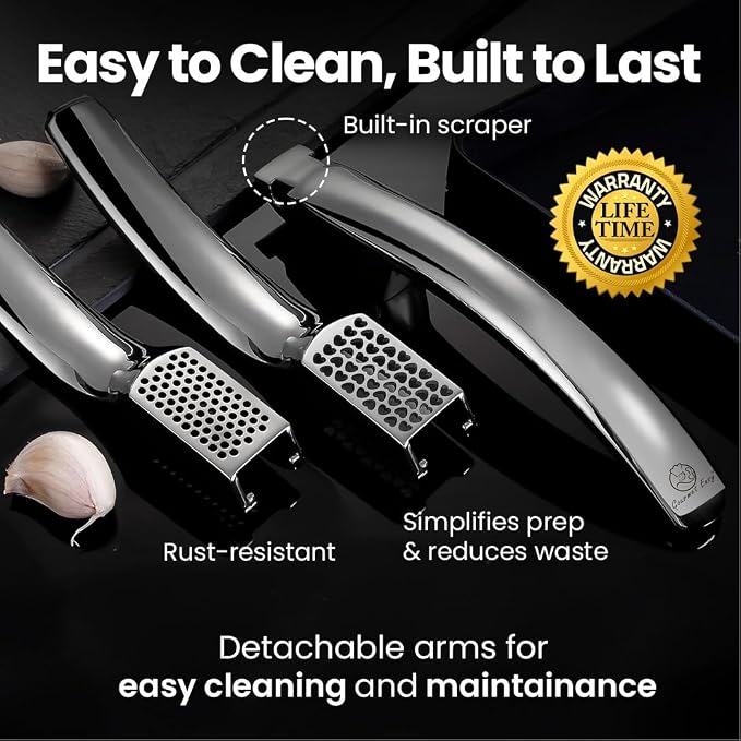 Lifetime Replacement Garlic Press Stainless Steel No Need to Peel Detachable Handles for Coarse & Fine Mincing-Premium Garlic Mincer Tool, Easy to Clean, Dishwasher Safe Garlic Crusher