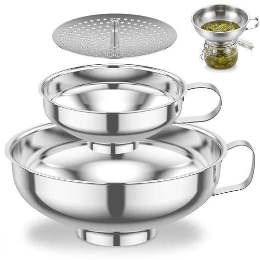 3 Piece Stainless Steel Canning Funnel Set with Strainer, Wide Mouth Mason Jar Funnels for Kitchen, Metal Funnel for Filling Bottles, Canning Supplies for Preserving, Dishwasher Safe