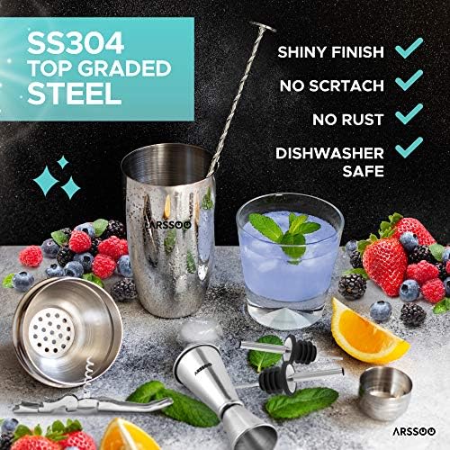 Cocktail Shaker Set: 7-Piece Stainless Steel 25.3OZ Martini Shaker Mixology Bartender Kit | Perfect Home Professional Bar Tools for Beginner's Drink Mixing & Gifts | ARSSOO Drink Shaker Gift (Silver)