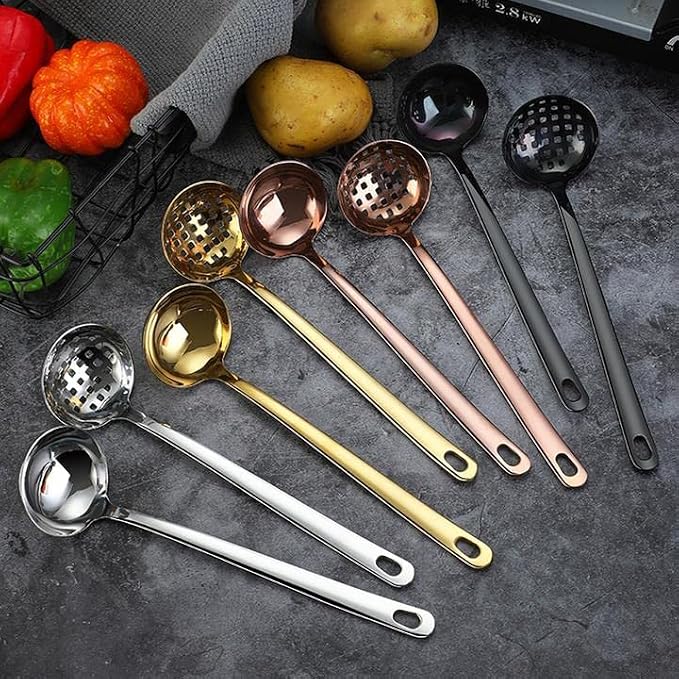 Large Soup Ladle Skimmer Spoon Set Stainless Steel Strainer Gravy Colander Hot Pot Server - Silver