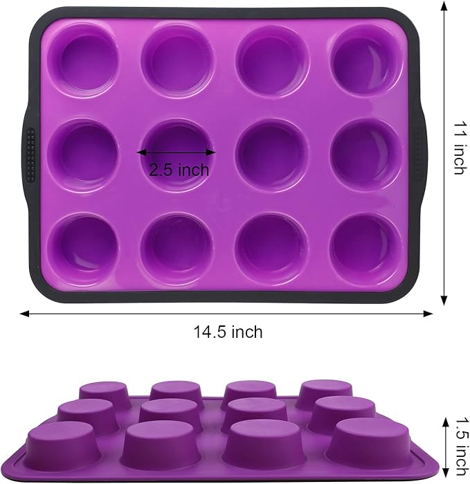 Aichoof Non-Stick Silicone Muffin Pan With Reinforced Stainless Steel Frame Inside,12 Cup Regular Muffin Baking Mold, 12 Cup Muffin Tin, BPA Free,Dishwasher Safe, Purple