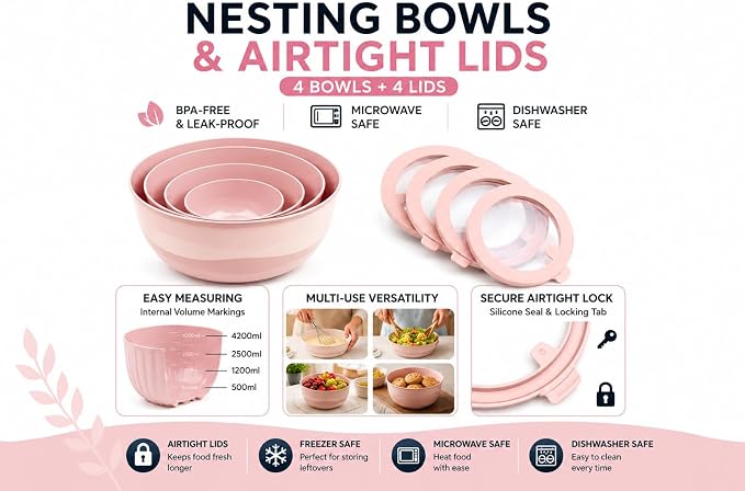 Pera Mixing Bowls with Lids, 8-Piece Airtight Leak-Proof Nesting BPA-Free Prep Bowl Set for Kitchen & Food Storage, Large 4200ml Capacity, Microwave & Dishwasher Safe(Pink)