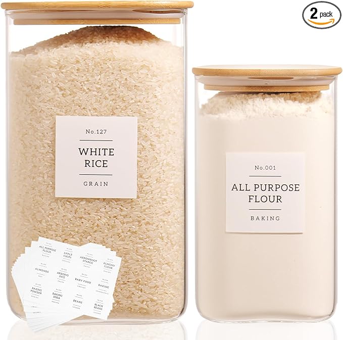 2 Pack large Square Glass Flour and Sugar Containers with 132 Kitchen Pantry Labels - 149 floz & 71 floz - Glass Jars with Airtight Bamboo Lid - Glass Rice Canisters for Coffee, Pasta, Cookie, Cereal