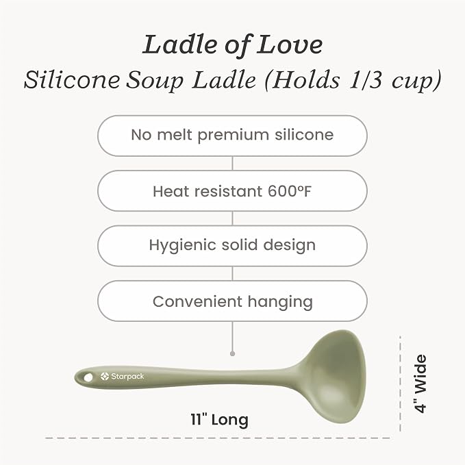 Starpack 'Ladle of Love' Premium Silicone Ladle Spoon 11" - Soup Ladles High Heat Resistant to 600°F - Kitchen Laldes for Serving - Non Stick Silicone Ladles - LFGB Grade Rubber Cooking Spoon - Green