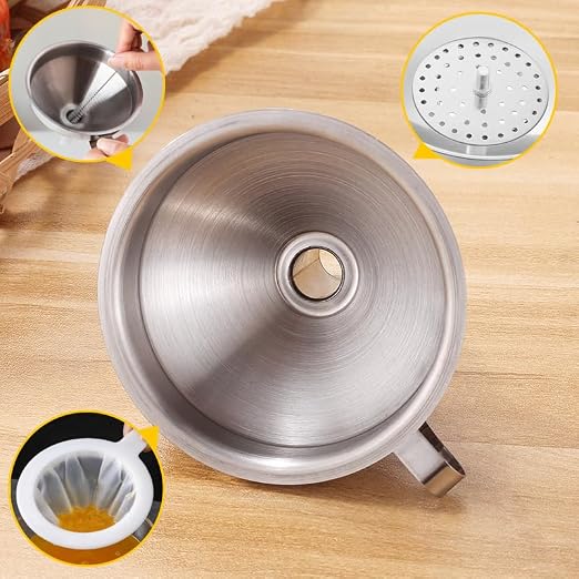 8 Pieces Stainless Steel Funnels with Fine Mesh Strainer for Canning | Metal Canning Funnels Wide Mouth Canning Funnel Household for Filling Bottles Oil Power Jam Grains