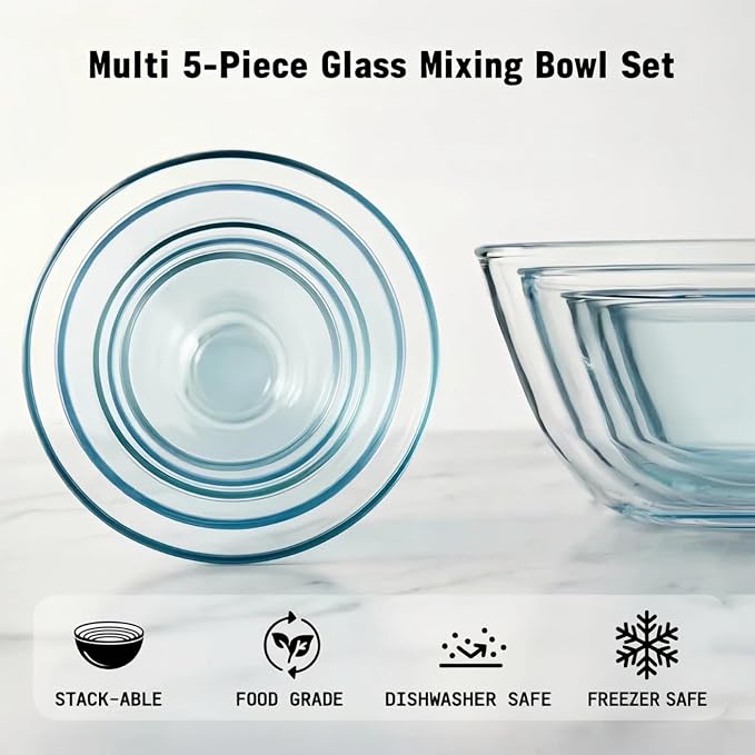 Cuiselect 5pc Glass Mixing Bowls with Lids Set (4.65QT, 2.80QT, 1.64QT, 1.16QT, 0.85QT), Nesting Salad Bowl, Glass Mixing Bowl for Cooking, Baking, Prepping-Dishwasher Microwave Freezer Safe(Brown)