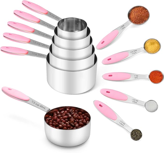 Joyhill Stainless Steel Measuring Cups and Spoons Set of 10 Piece, Nesting Metal Measuring Cups Set with Soft Touch Silicone Handles for Dry and Liquid Ingredients, Cooking & Baking (Pink) | BPA-Free Silicone Handles, Etched Markings, Nestable Design, ...
