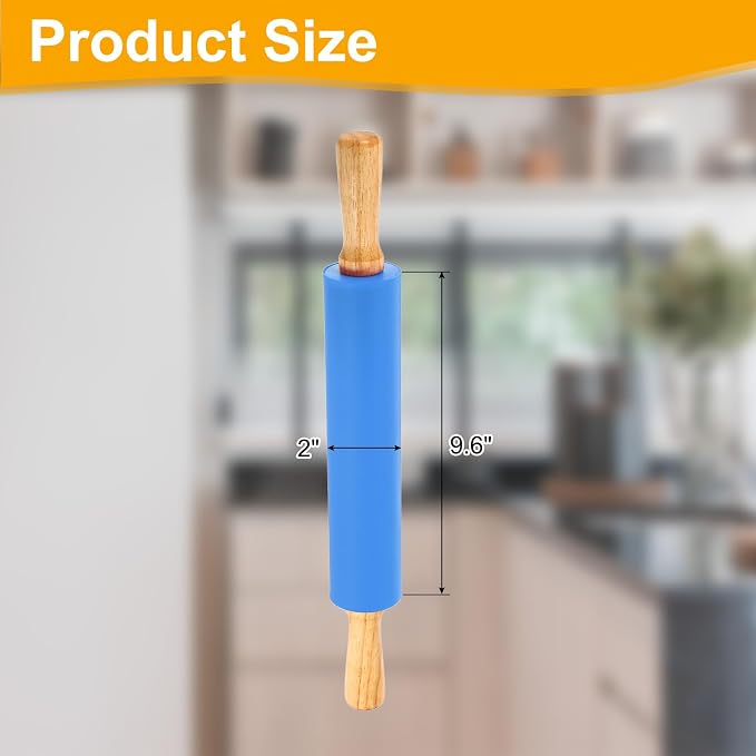 uxcell 9.6 Inch Silicone Rolling Pin, Small Dough Roller with Wood Handle for Pizza Pastry Fondant Kitchen, Blue
