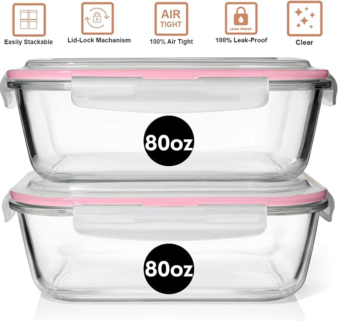 Razab 10 Cups/ 80 Oz 4 Pc (Set of 2) Glass Food Storage Containers with Airtight Locking Lids For Storing & Serving Food. BPA Free & Leak Proof - Microwave, Dishwasher, Fridge, Freezer, Oven Safe