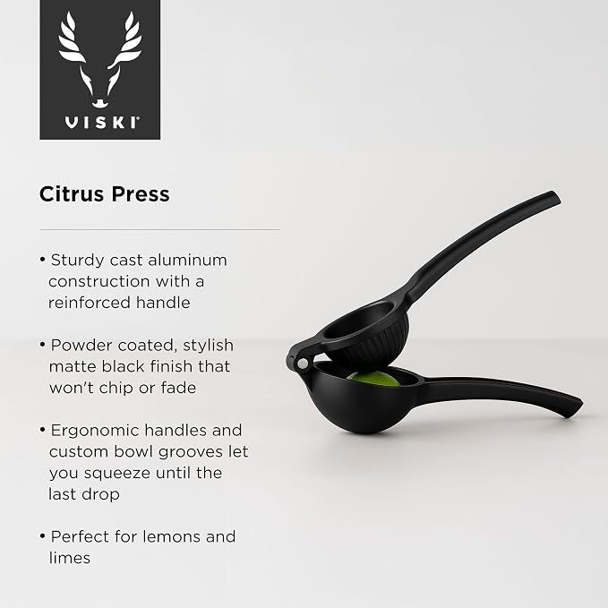 Viski Black Citrus Press, Citrus Juicer, Lemon Squeezer for Cocktails, Bar Accessories, Matte Black Lime Juicer, Metal, Set of 1