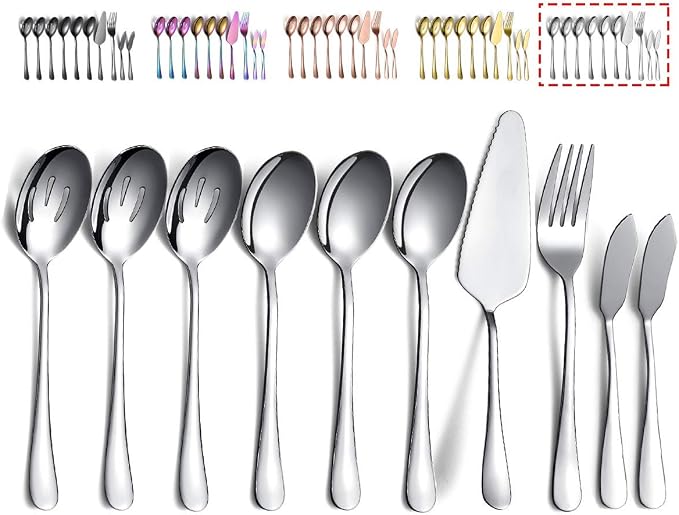 Serving Spoons 10 Pieces, Kyraton Serving Utensils, Serving Set Include 3 Serving Spoon, 3 Slotted Spoon, 1 Serving Fork, 1 Cake Server, 2 Butter Knife Spreaders