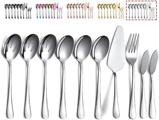 Serving Spoons 10 Pieces, Kyraton Serving Utensils, Serving Set Include 3 Serving Spoon, 3 Slotted Spoon, 1 Serving Fork, 1 Cake Server, 2 Butter Knife Spreaders