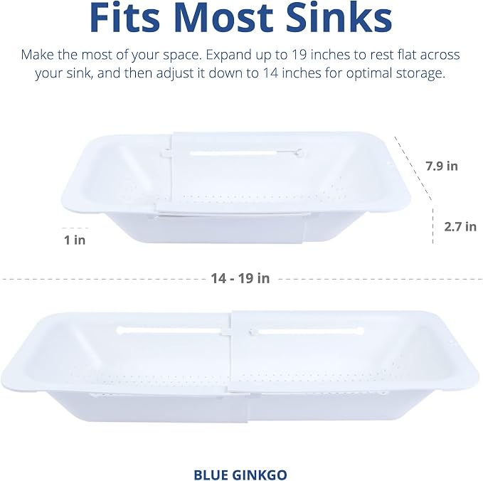 BLUE GINKGO Over the Sink Colander Strainer Basket - Wash Vegetables and Fruits, Drain Cooked Pasta and Dry Dishes - Extendable - New Home Kitchen Essentials (White, 2 Pack)