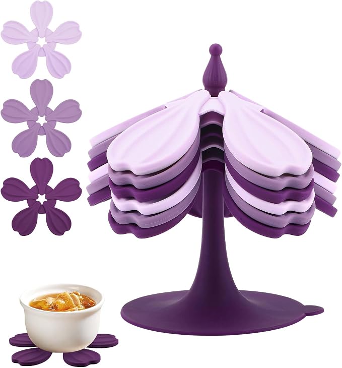 Silicone Trivet Mat - 6 Flower-Shaped Silicone mats + 1 Stand, Non-Slip & Heat Resistant Kitchen Hot Pads for Table & Countertop, Multifunctional Mats can Hold Coffee, Plates