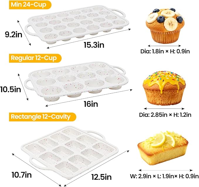 CAKETIME Metal Reinforced Bakeware Set, Silicone Muffin Pans for Baking Nonstick with Handle,12 & 24 Cup Muffin Pans and 12-Cup Mini Loaf Pan, BPA Free