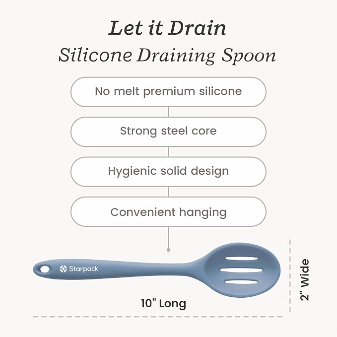Starpack 'Let it Drain' Silicone Slotted Spoon (10.6 Inches) - Small Spoon with Slots for Cooking Heat Resistant to 600°F - Silicone Slotted Serving Spoons, Non Stick Cooking Spoons with Slots
