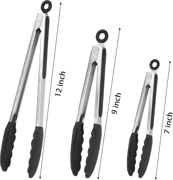 Serving Tongs Kitchen Tongs - Heat Resistant, Premium Stainless Steel Locking Cooking Tongs with Silicone Tips, Non-Slip Food Tongs for Cooking, Heavy Duty, Non-Stick (12 Inch(3 Pack))