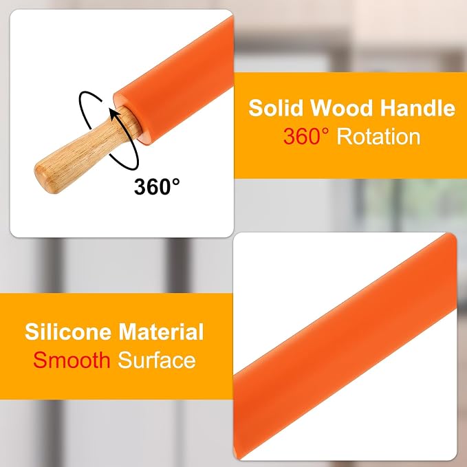 uxcell 9.6 Inch Silicone Rolling Pin, Small Dough Roller with Wood Handle for Pizza Pastry Fondant Kitchen, Orange