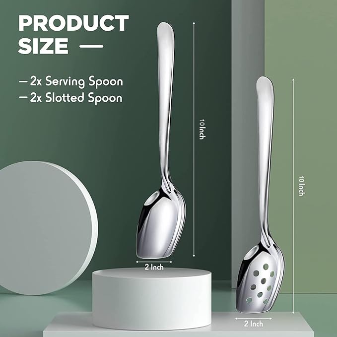 4 Pack Large Serving Spoons Flat Bottom Cooking Slotted Spoon Stainless Steel for Cooking Kitchen Parties Buffet Utensils Dishwasher Safe,2 Styles 10 Inch Silvery