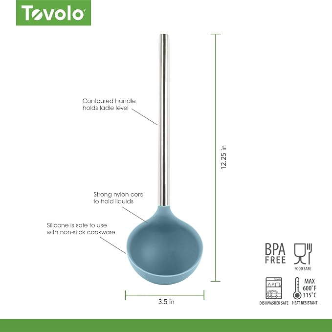 Tovolo Silicone Ladle with Stainless Steel Handle Blue Slate Soup Ladle Large, Dishwasher Safe Heat Resistant BPA Silicone Ladle Deep Spoon with Reinforced Nylon Core for Soup, Stew, Sauce & Punch