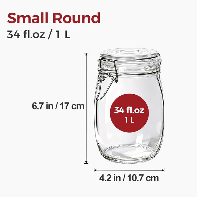 Glass Jars with Airtight Lids 34 oz 6 Pack Food Storage Pantry Round | Leak Proof,BPA-Free,Cereal Flour Sugar Rice Cookies Candy Nuts Snacks Dry Goods Storage, Pantry Organization, Pickling