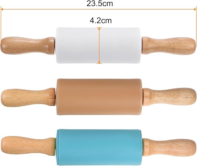 HARFINGTON 3pcs Silicone Rolling Pins for Baking 9.25 Inch Non-Stick Silicone Surface Wooden Handle Rolling Pin Small Roller Playdough Rolling Pins for Dough Pizza, White/Brown/Blue