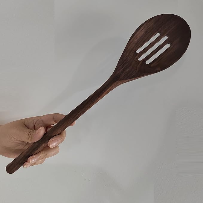 14" Walnut Wood Slotted Spoon,Rustic, Natural Authentic Walnut Wood Classic Style for Kitchens, Tables, More Functional for Stirring Sauces, Black walnut Wooden Utensils for Cooking