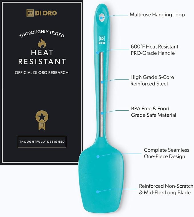 DI ORO Silicone Spoon Spatula - Forever Warranty - 600°F Heat-Resistant Large Silicone Spoonula Scraper - BPA Free Nonstick Cookware Safe Rubber Kitchen Utensil for Baking, Cooking, & Mixing (Teal)