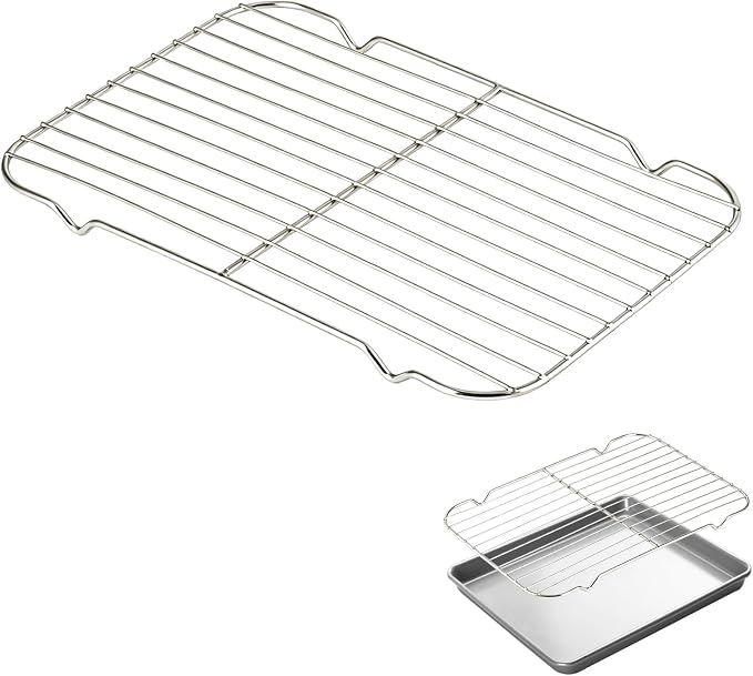 Roasting Pan Rack for 9x13 Inch Pans, Stainless Steel Insert with Raised Feet, Wire Cooling Rack for Toaster Oven, Metal Bacon Cookie Trays Nonstick Rust Free, Easy to Clean, Strong Reliable