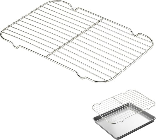 Roasting Pan Rack for 9x13 Inch Pans, Stainless Steel Insert with Raised Feet, Wire Cooling Rack for Toaster Oven, Metal Bacon Cookie Trays Nonstick Rust Free, Easy to Clean, Strong Reliable