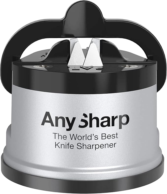 AnySharp – GLOBAL – Hands Free Knife Sharpener - Easy to Use Sharpening Tool with PowerGrip Suction Base and 20-Degree Pre-set Angle - For All Knives: Chef’s, Serrated, and Hardened Steel - Silver