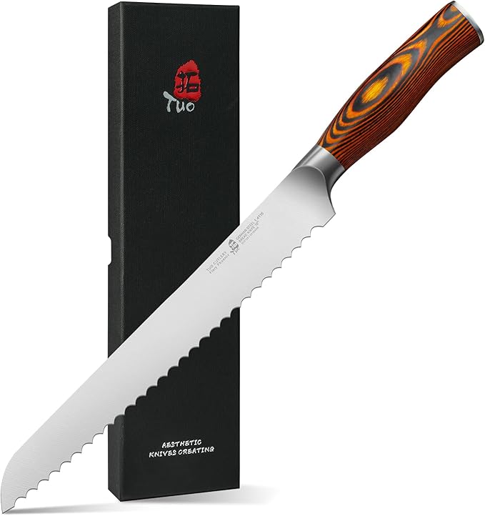 TUO Bread Knife, 10 inch Upgraded Serrated Knife for Homemade Sourdough Bread, High Carbon German Steel with Pakkawood Handle, Gift Box - Fiery Phoenix Series
