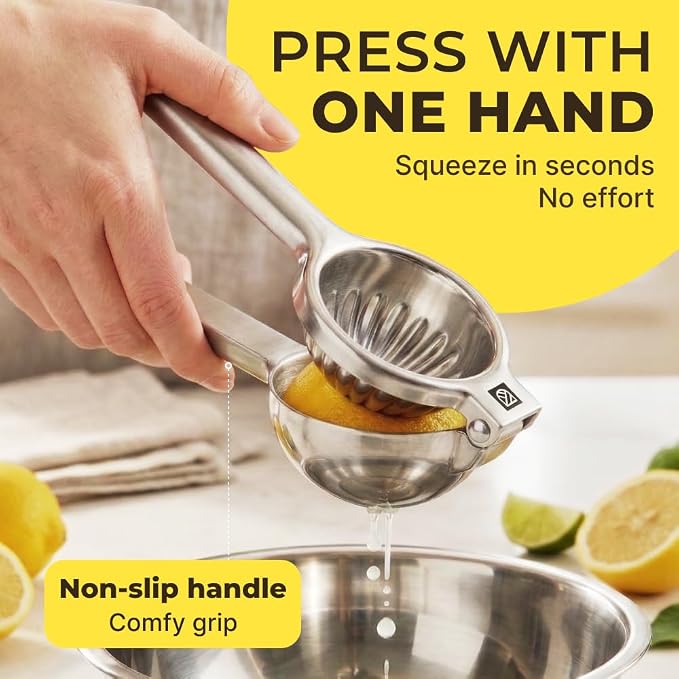 Stainless Steel Lemon Squeezer Press - No Seeds, Pro-Grade, Effortlessly Get Every Drop - Manual Non-Slip Grip Design - Lemon Lime Squeezer, Orange, and Citrus Fruit Hand Held Lemon Juicer Squeezer