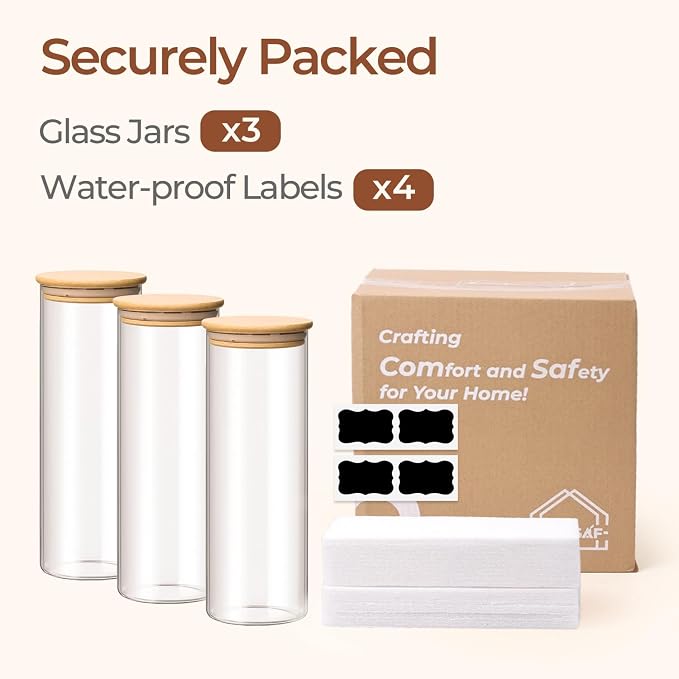 ComSaf Pasta Containers Storage 2 Qt, Spaghetti Container, 3 Pack Glass Jar | 11.3-inch Tall Glass Canisters, Glass Storage Containers wtih Lids 70oz, Noodles, Cereal, Kitchen Dry Food Storage, BPA Free