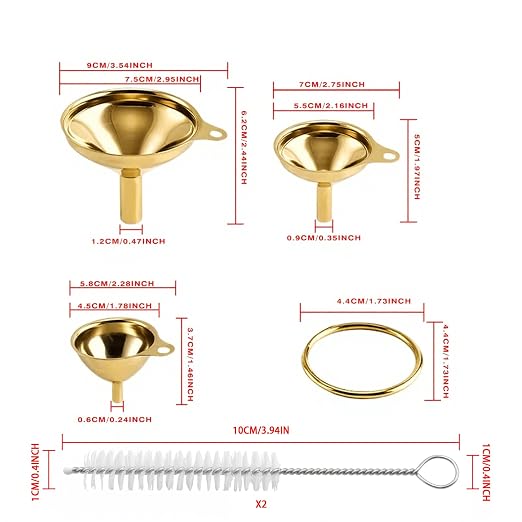 Gold Stainless Steel Funnels for Kitchen Use, Large Tiny Small Funnel Set of 3 with 2Pcs Cleaning Brush Set for Filling Bottles Oil Liquor Water Spice (Gold)