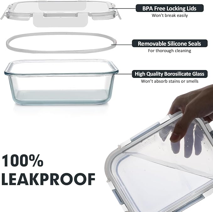 VERONES 30 Pieces Glass Food Storage Containers Set with Lids, White | Stackable Glass Meal Prep Containers Set with Lids, Airtight Lunch Containers, for Microwave, Oven, Freezer & Dishwasher