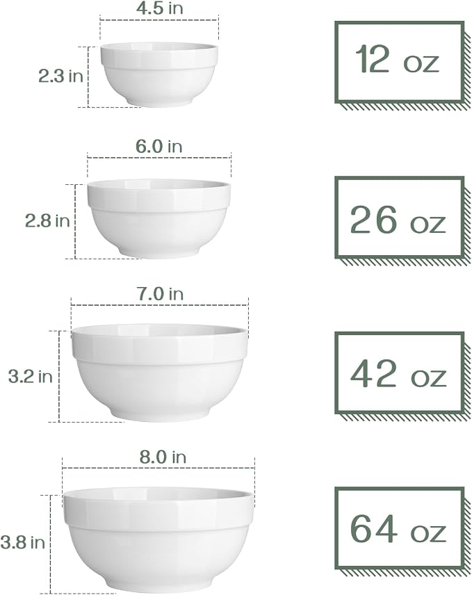 DOWAN Serving Bowls, 64/42/22/12 Oz Serving Dishes for Entertaining, Soft White Porcelain Nesting Bowls Set, Microwave & Dishwasher Safe, Versatile Prep Bowls for Fruit Salad Pasta Dessert Cereal