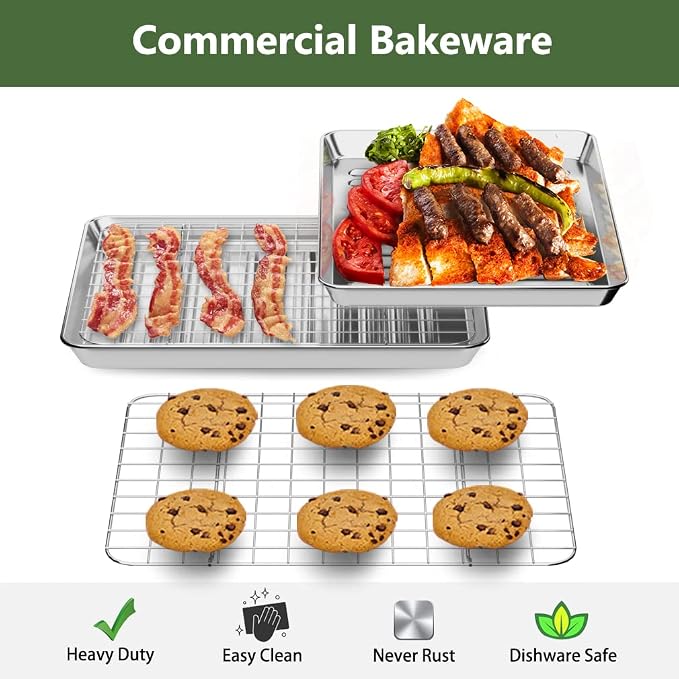 1/8 Baking Sheet Pan Cooling Rack Set, Stainless Steel 2 Pans + 2 Racks | 9x7x1 Inches Small Baking Sheet Pan with Nonstick, Warp Resistant, Heavy Duty Design for Baking, Roasting, and Cooking