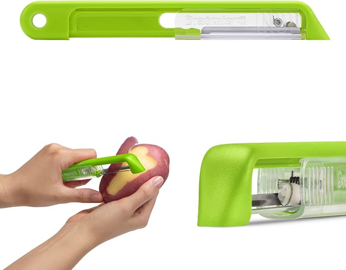 Dreamfarm Sharple Self-Sharpening Vegetable Peeler - Kermit Green | Ceramic sharpener in safety cover automatically hones stainless steel swivel blade, suitable for left & right handed use